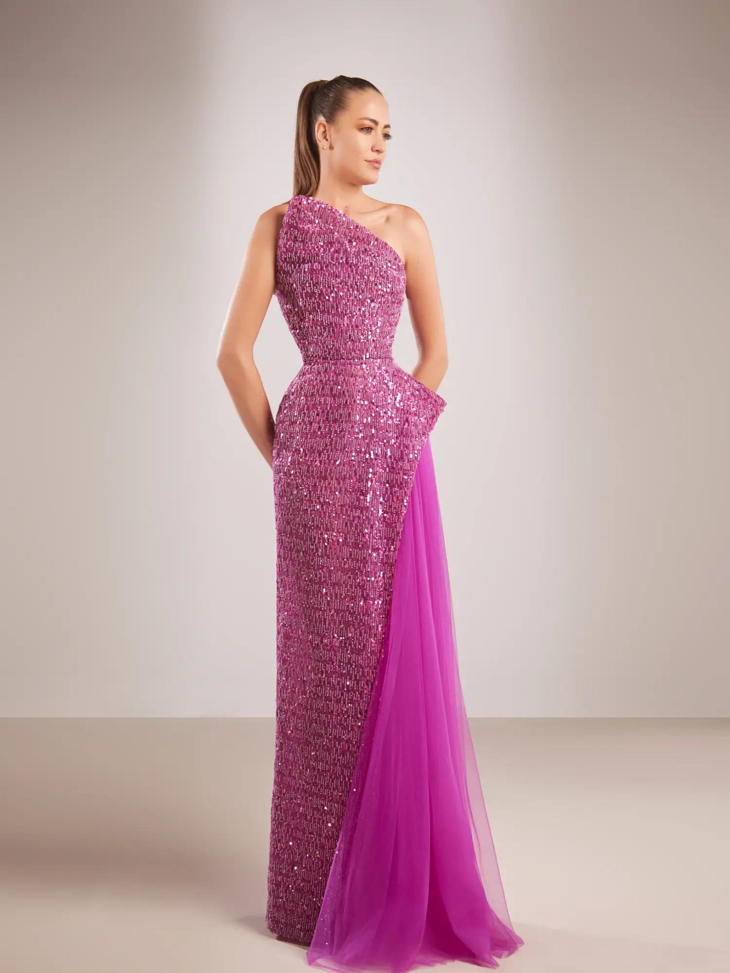 FW194- One-shoulder fully beaded fuchsiaFuchsia US 01