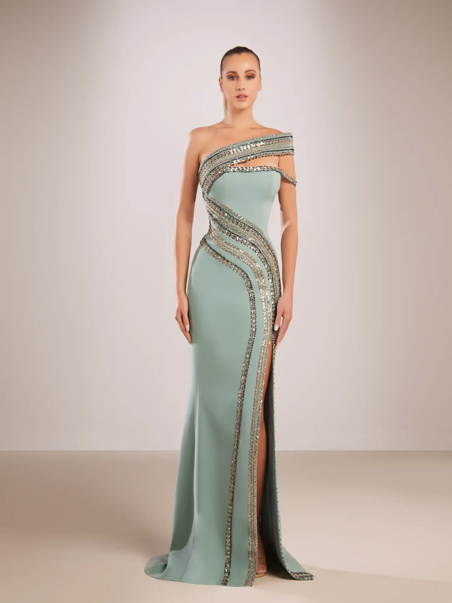 FW214- One-shoulder sage green  gownGreen US 01