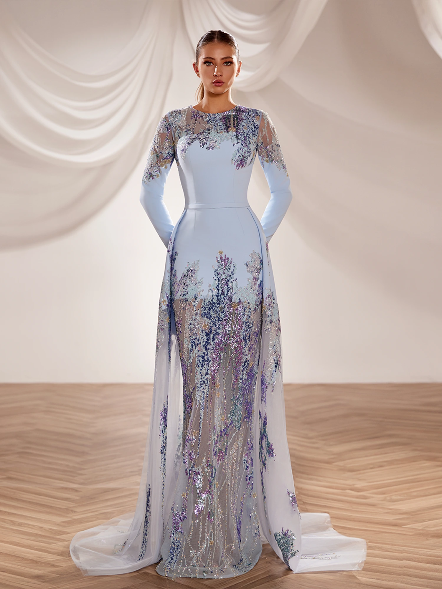 SS229 -  Light blue crepe gown  with a fitted silhouetteLight Blue US 01