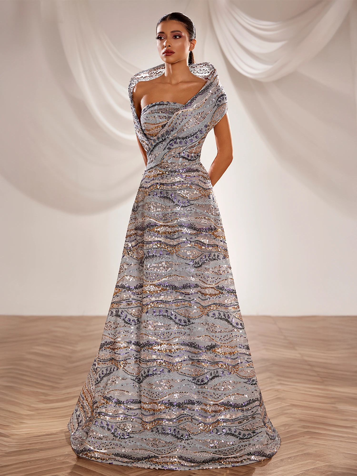 SS230 - Blue A-line gown embellished in silverLight Blue US 01