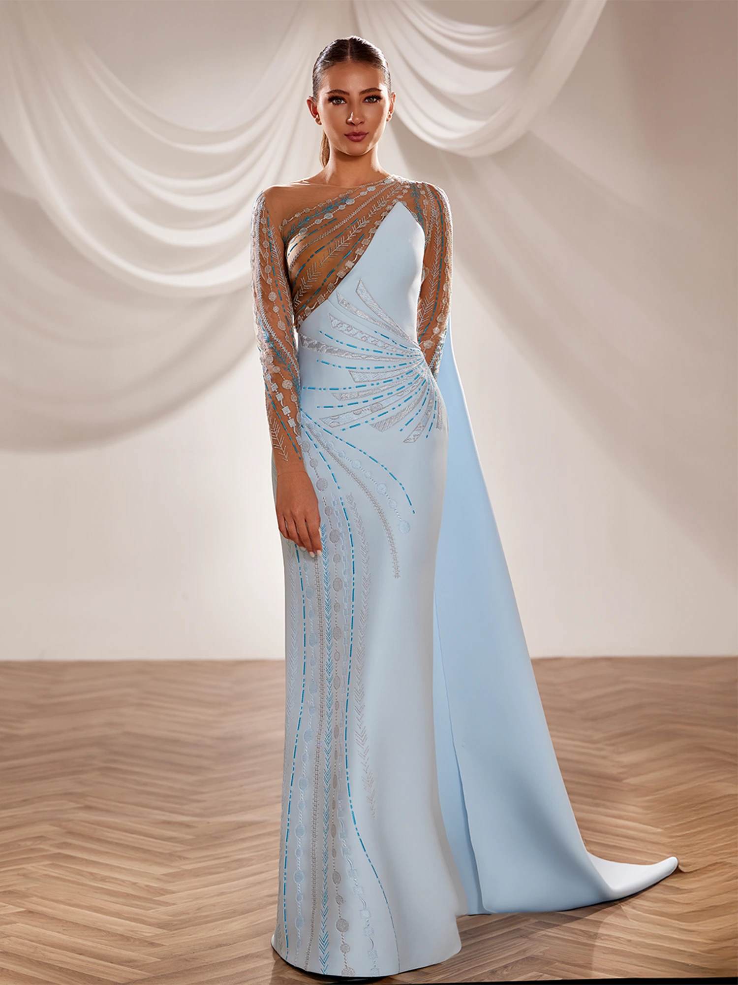 SS233- Light blue scuba gown  with a straight skirtLight Blue US 01