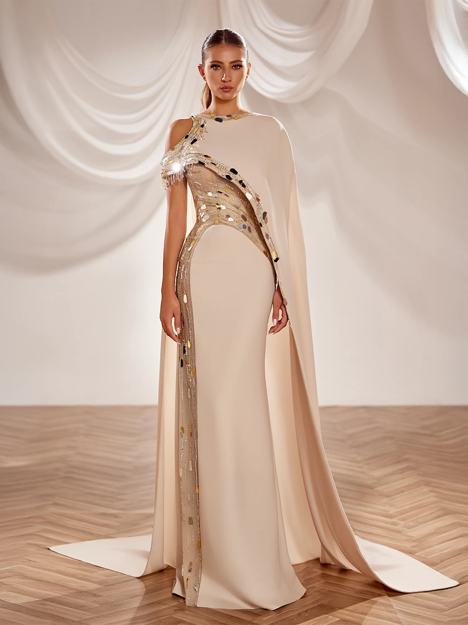 SS234-  Blush column crepe gown  with one-side silverBlush US 01
