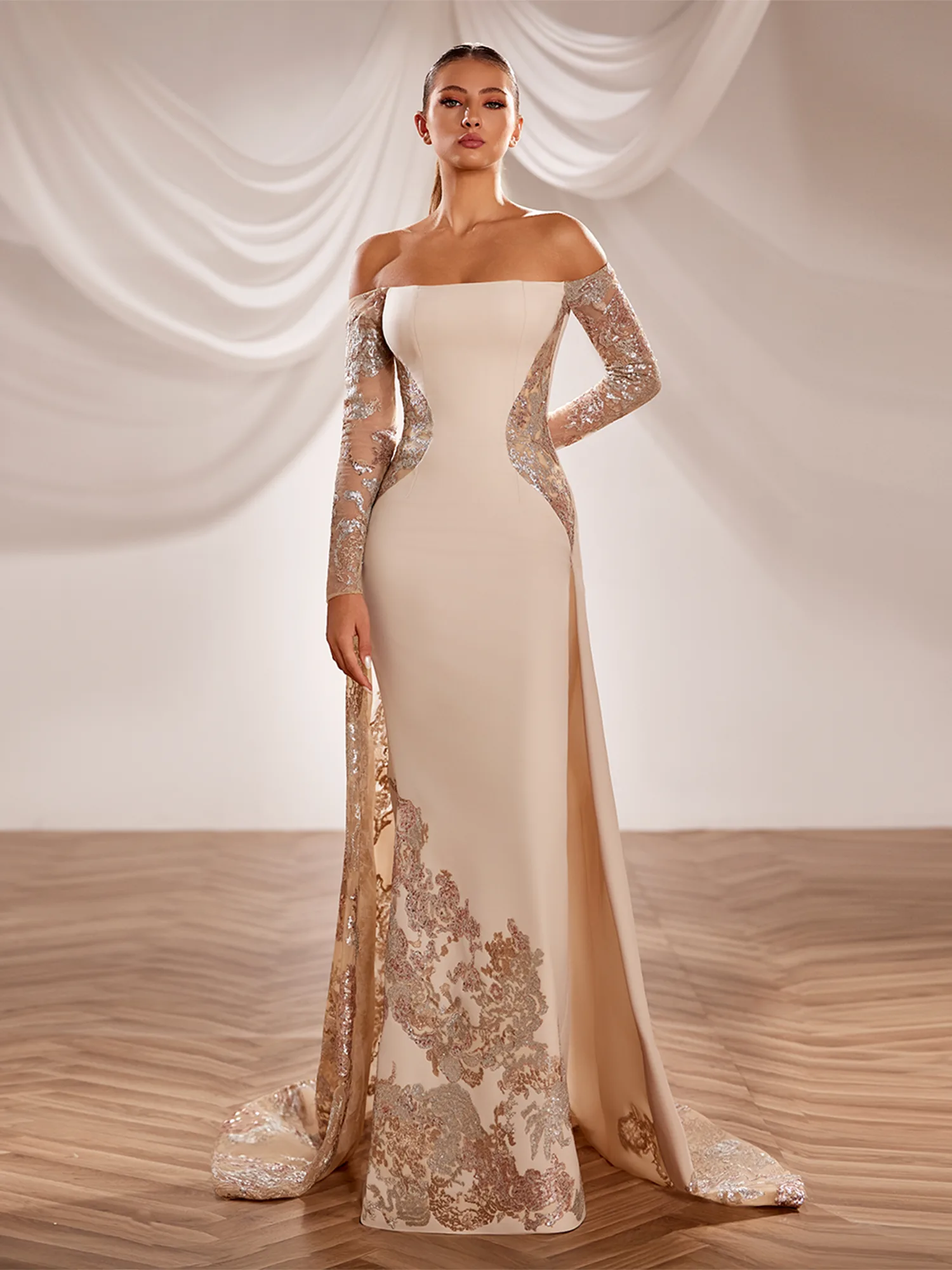 SS237-  Blush crepe gown with sheer  embellished Blush US 01
