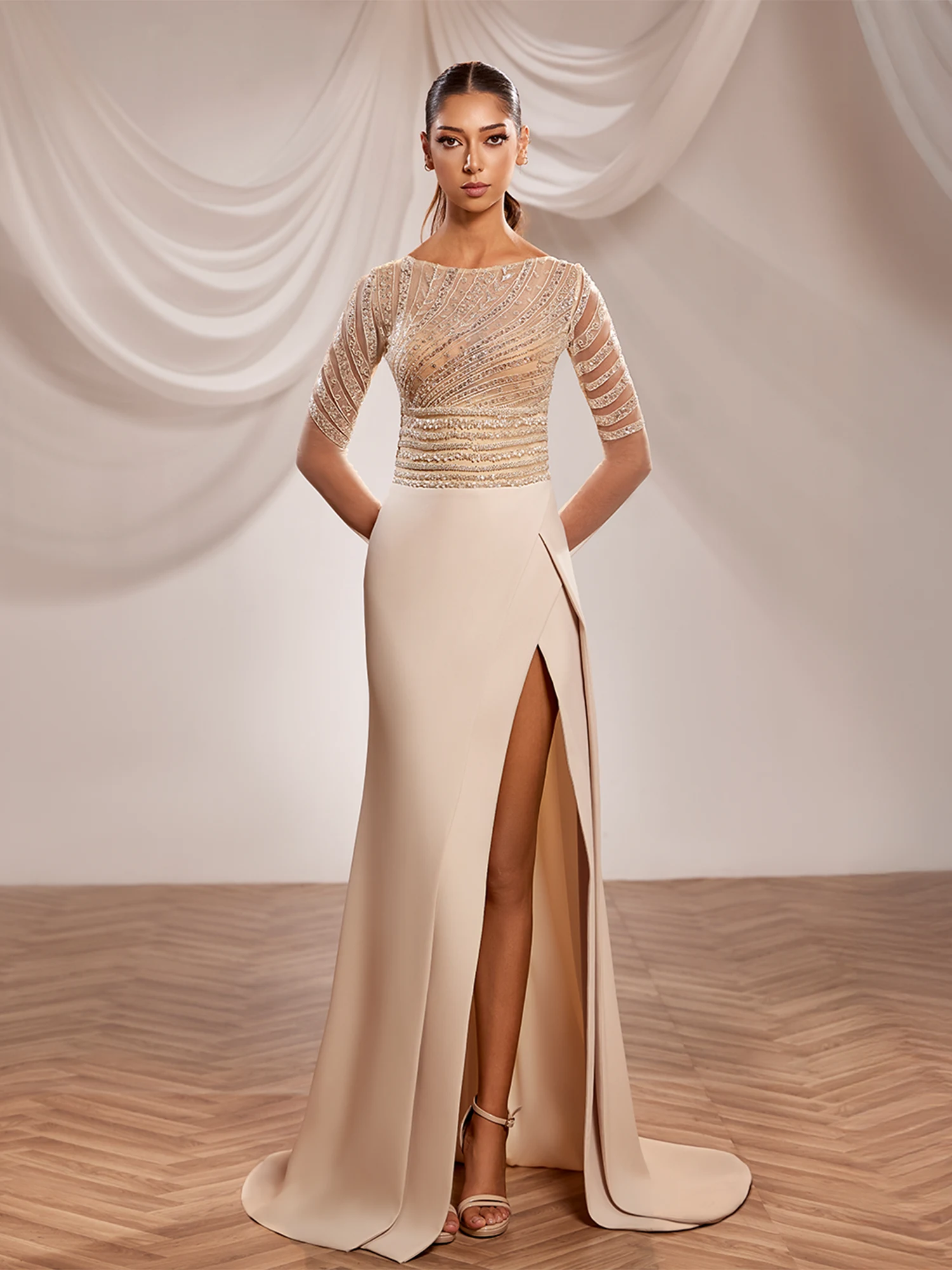 SS238-  Blush gown with a  defined horizontal  Blush US 01