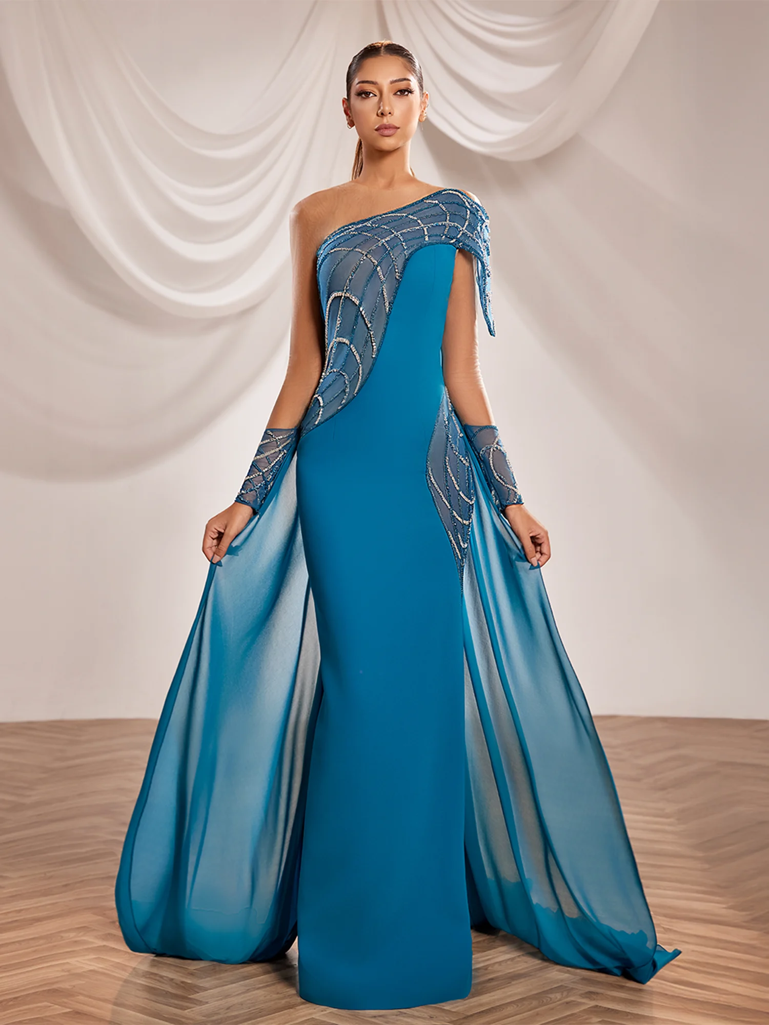 SS245- One-shoulder fitted teal  gownTeal  US 01