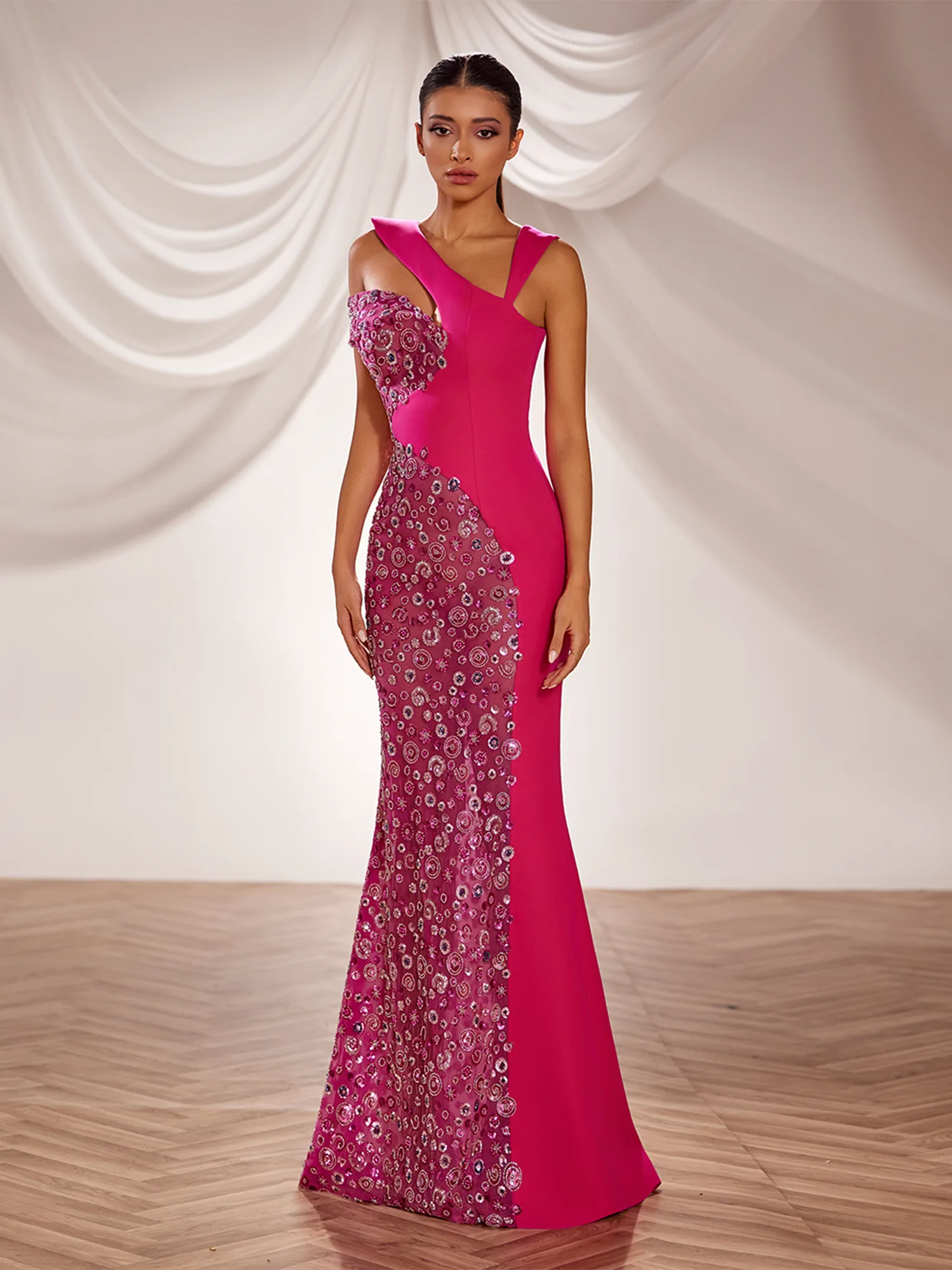SS248-   Fitted fuchsia crepe gown  with asymmetric necklineFuchsia US 01