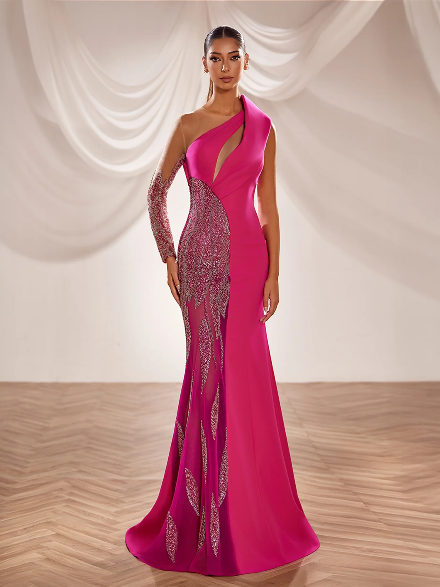 SS250-  Fuchsia fitted gown with  asymmetrical neckline Fuchsia US 01