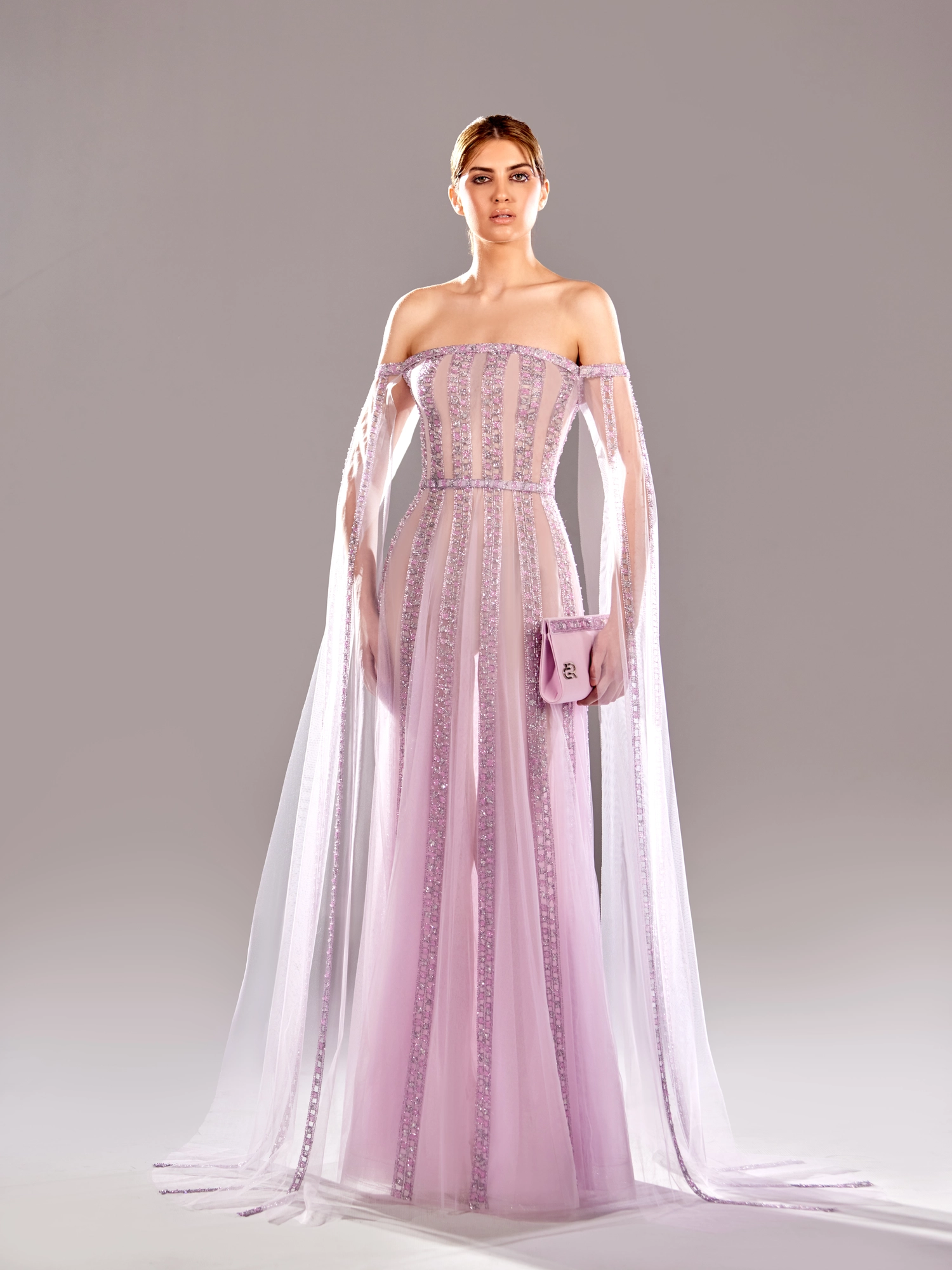 SS 94 - Tull With Crystal Beads With Cap SleevesPink US 01